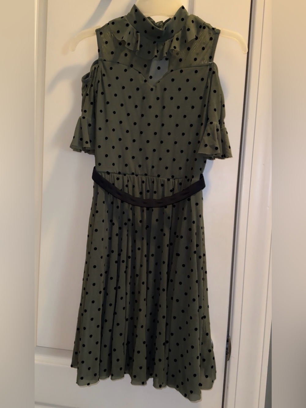 Girls Olive Green Polka Dot Cold-Shoulder Dress